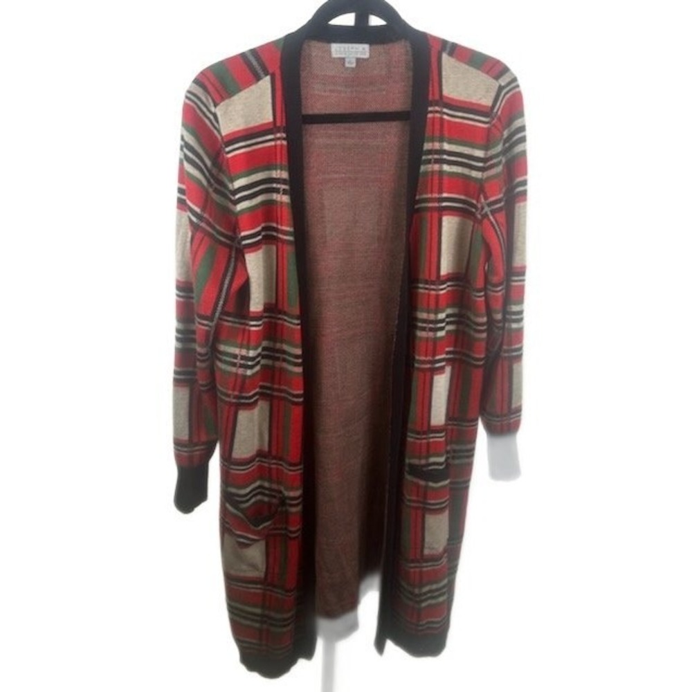 Joseph A. Plaid Open Front‎ Long Cardigan Sweater Women's Size Large
